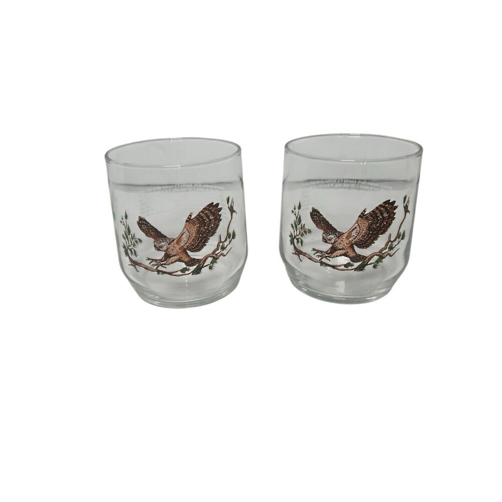 Vintage American Wildlife Low Ball Glasses Sunoco - Spotted Owl  - Set of Two